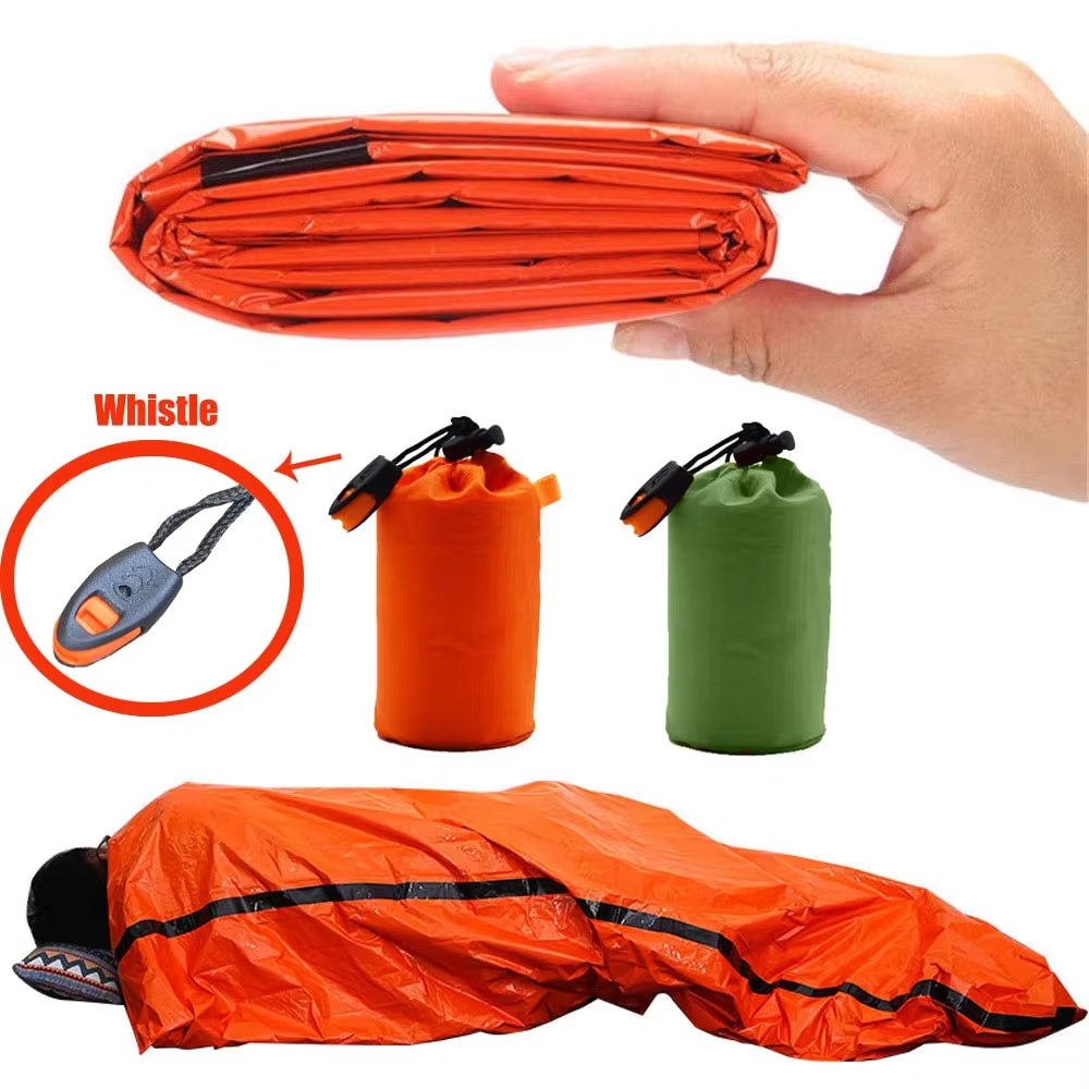 Waterproof Emergency Thermal Sleeping Bag for Camping Hiking Compact Bag Whistle and Storage Lightweight Survival Equipment